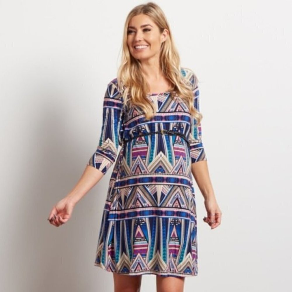 NEW PinkBlush Maternity Navy Tribal Belted Dress